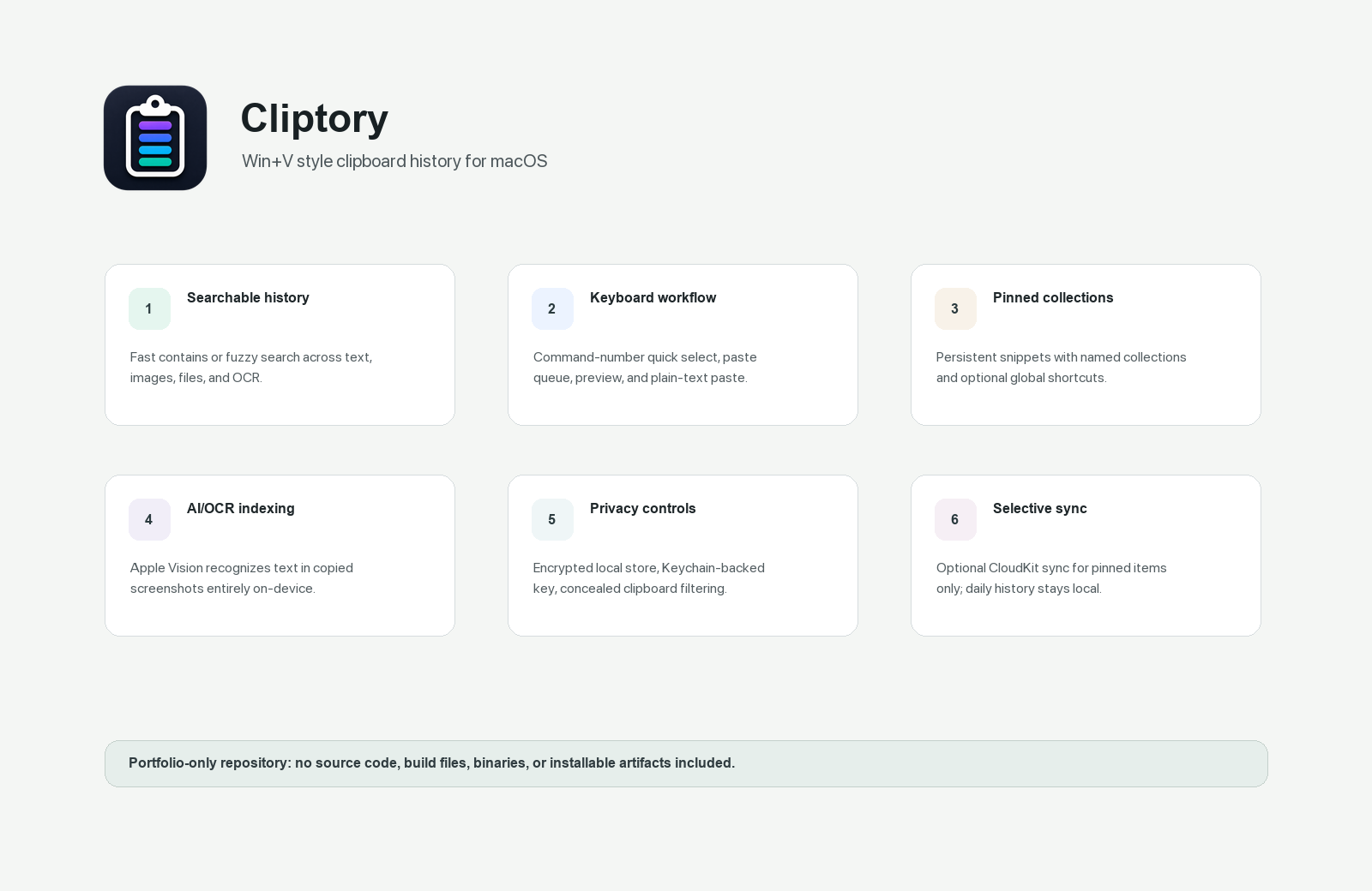 Cliptory feature summary