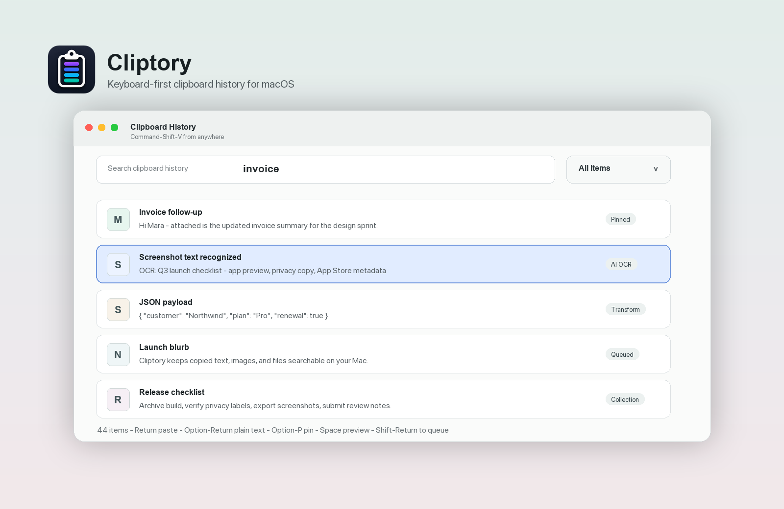 Cliptory history search