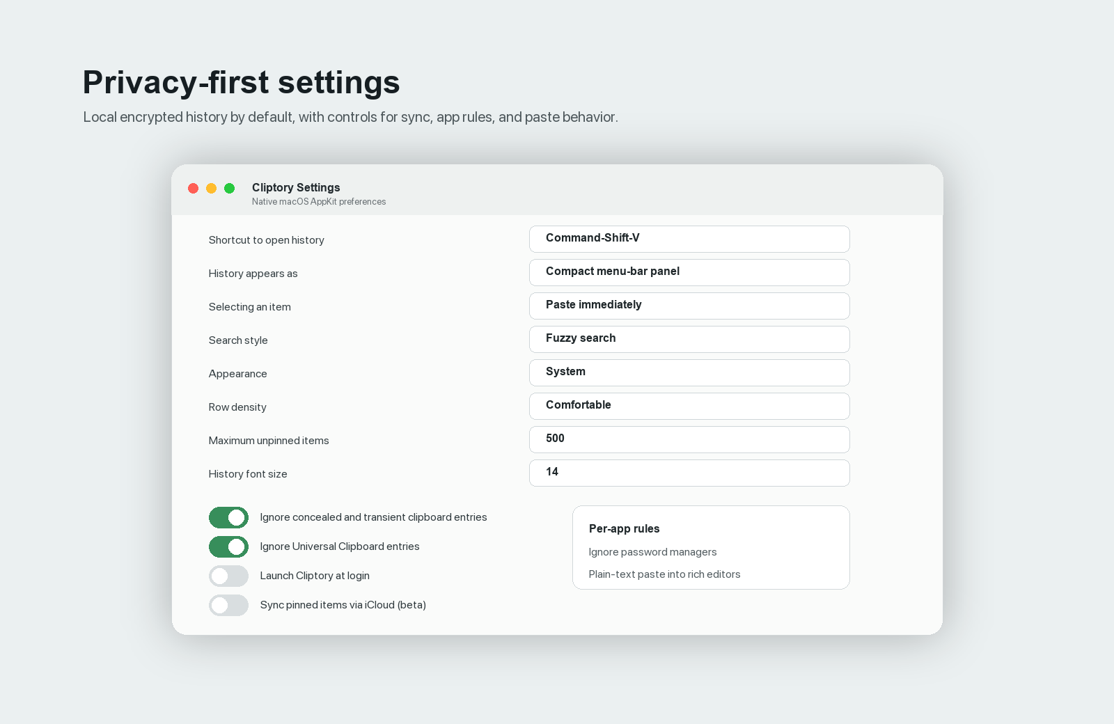 Cliptory privacy settings