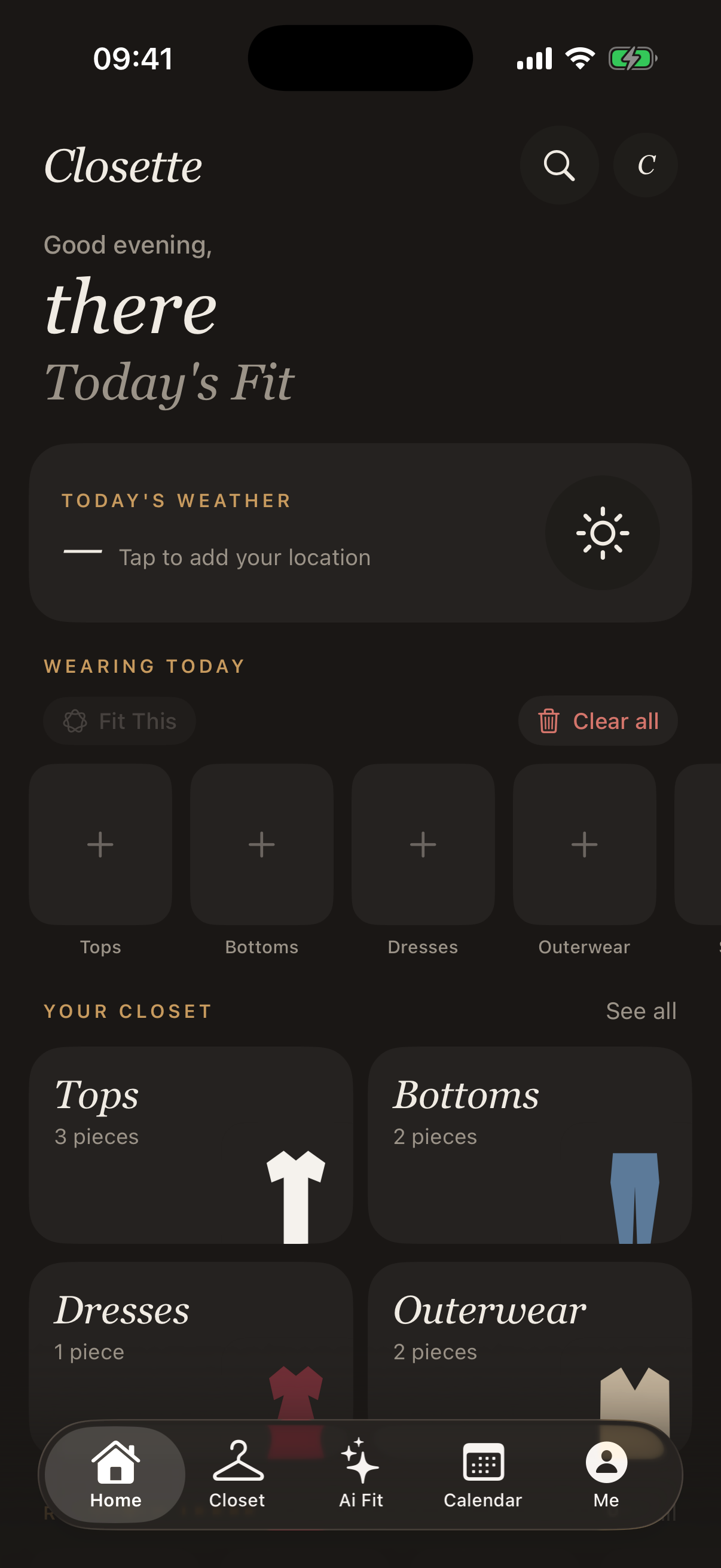 Closette home screen showing Today's Fit and Your Closet