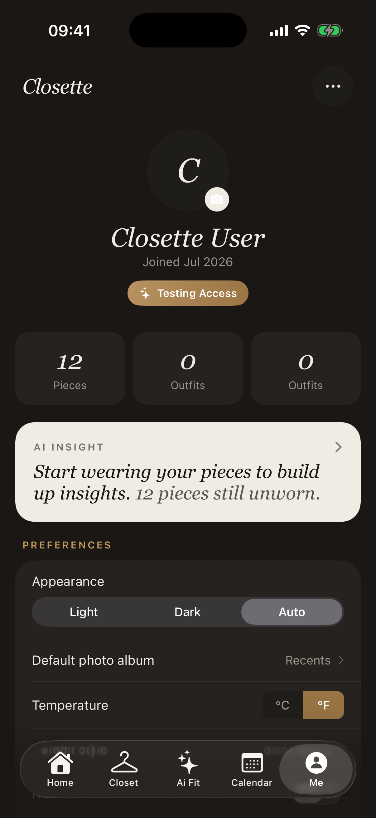 Closette profile screen