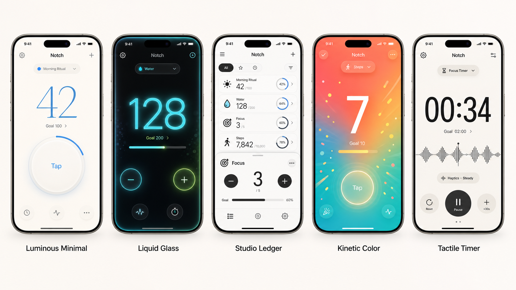 Notch interface design concepts across five visual directions